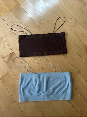 Brown and Light Blue Ribbed Bandeau Tops with Spaghetti Straps